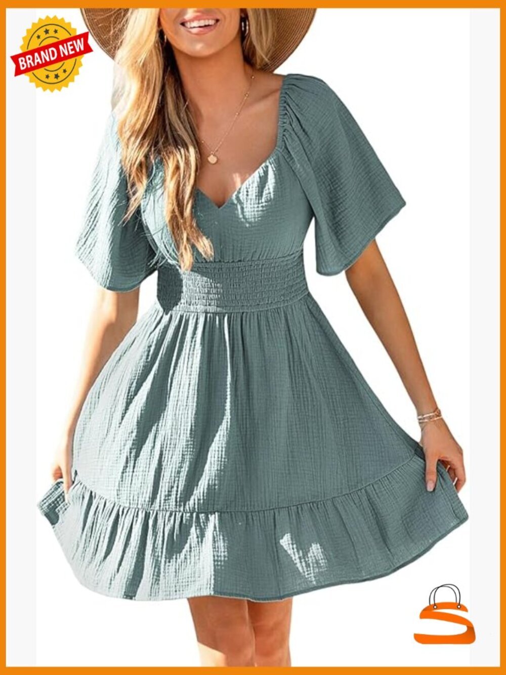 Square Neck Ruffle Sleeve Empire Waist Mini Dress 100% Cotton